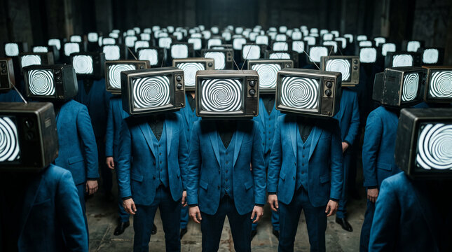 Group of people in blue suits with vintage televisions as heads displaying hypnotic spiral patterns, symbolizing conformity and media influence