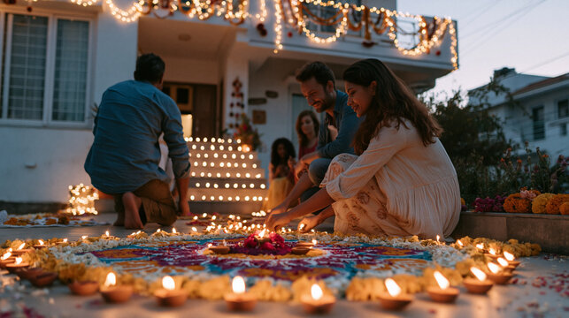 Family and friends arranging traditional diya oil lamps and colorful flower rangoli in front of a decorated house during the Diwali festival of lights.