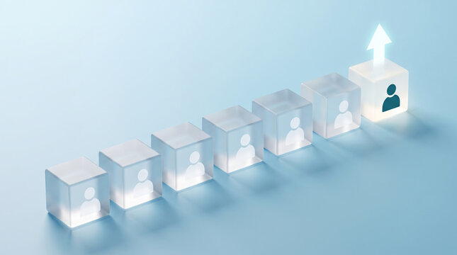 Transparent cubes with person icon ascend, showcasing advancement and success, symbolizing leadership and career growth. free space