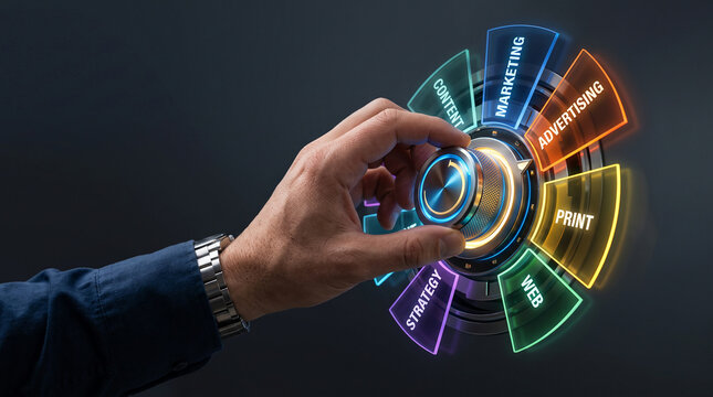 Hand adjusting a digital wheel displaying marketing concepts like strategy, content, advertising, and web, symbolizing control over business growth.