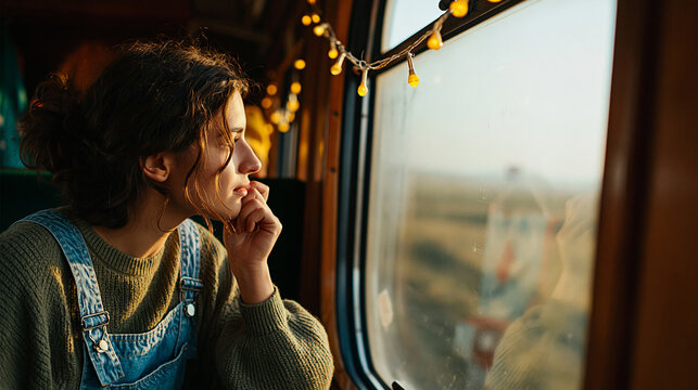 Thoughtful Young Woman Looking Out Train Window During Golden Hour Scenic Journey and Slow Travel Experience