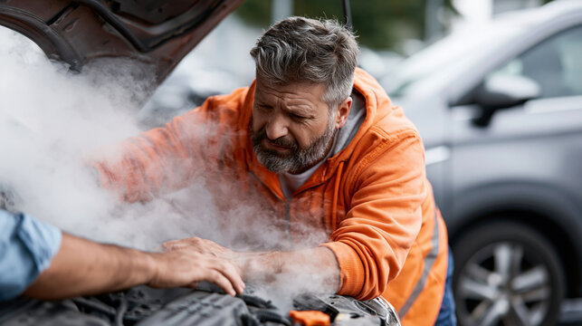 Frontal shot of a worried man examining an engine bay with thick white smoke rising from under the open hood of a broken down car.