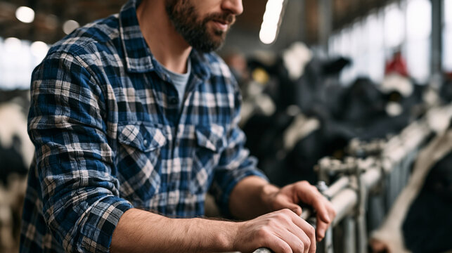 Close-up of a male farmer wearing a plaid shirt leaning against a metal fence in a modern indoor cattle barn with cows in the background.
