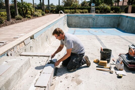 A man is working on the bottom of a swimming pool. He is laying tiles and using tools. The pool is empty of water and surrounded by palm trees and a patio