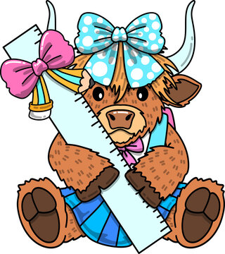 Back to School Cute Highland Cow with Ruler Illustration