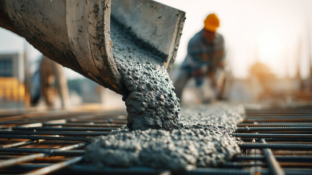 Close-up of fresh concrete flowing from a construction chute onto a reinforced foundation, with a worker in the background, illustrating building, engineering, infrastructure and construction.