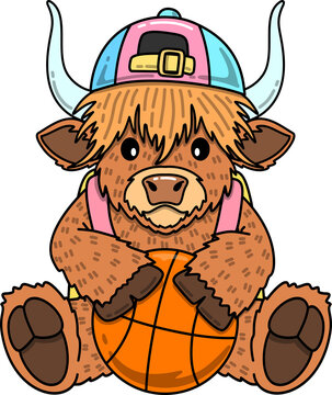 Back to School Cute Highland Cow With Basketball Illustration