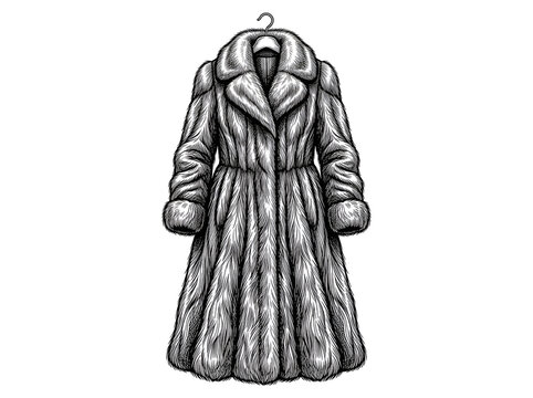 Elegant hand drawn long fur coat vector illustration on white