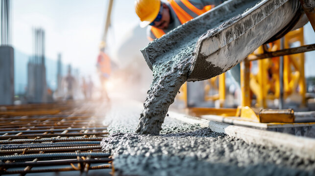 Construction worker pours fresh concrete onto a reinforced foundation at an active building site, highlighting structural engineering, construction work, infrastructure and industrial development.