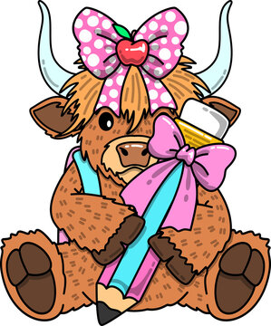 Back to School Cute Highland Cow Illustration With Pencil