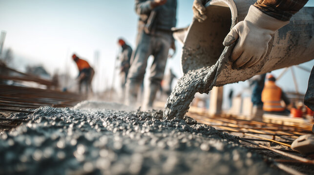 Construction workers pour and spread fresh concrete over a reinforced foundation at a large building site, representing teamwork, engineering, infrastructure development, safety and skilled labor.