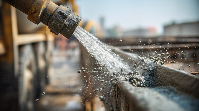 Water spraying from a construction hose onto fresh concrete and rebar at a building site, illustrating concrete curing, dust control, construction work, infrastructure and industrial engineering.