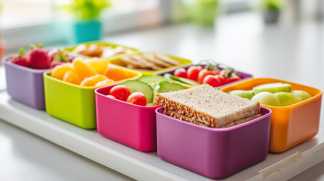 Colorful lunchboxes filled with sandwiches, fresh fruit and snacks on a table, representing healthy school meals, children's nutrition, meal preparation, food storage and back-to-school planning.