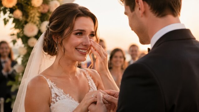Bride wiping joyful tear while listening to heartfelt vows side view with warm sunset light clear