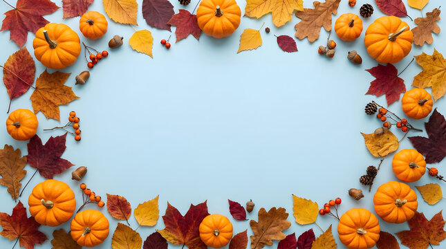 Autumn border frame of pumpkins, fall leaves, acorns and berries on light blue background
