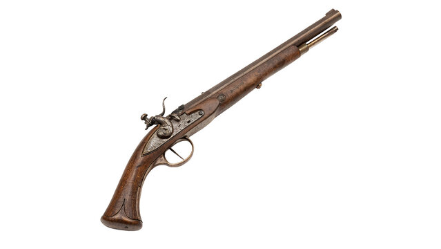 An antique historical wooden flintlock pistol rifle isolated on transparent background.