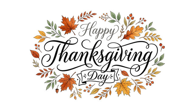 Happy thanksgiving day greeting card with autumn leaves and berries isolated on white background
