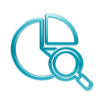 Glossy cyan pie chart with magnifying glass symbol for data analysis and financial research on a solid black background isolated