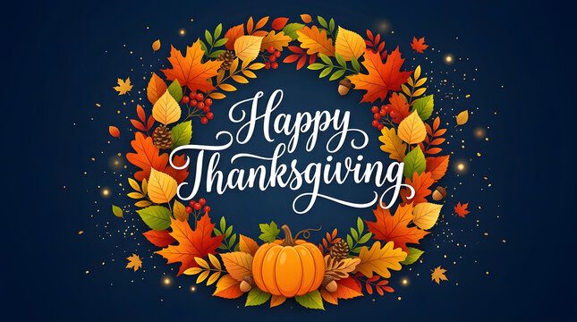 Happy thanksgiving greeting card with autumn leaves wreath and pumpkin on dark blue background