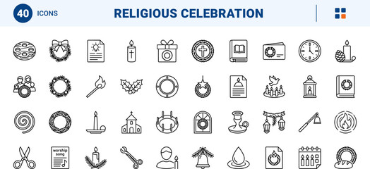 Fototapeta premium Advent Wreath Candles line icon set. Vector pictograms of wreath, candle, holiday, and celebration elements, thin linear illustration.