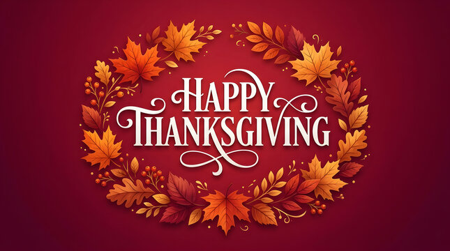 Happy thanksgiving greeting card with autumn leaves wreath on a dark red background