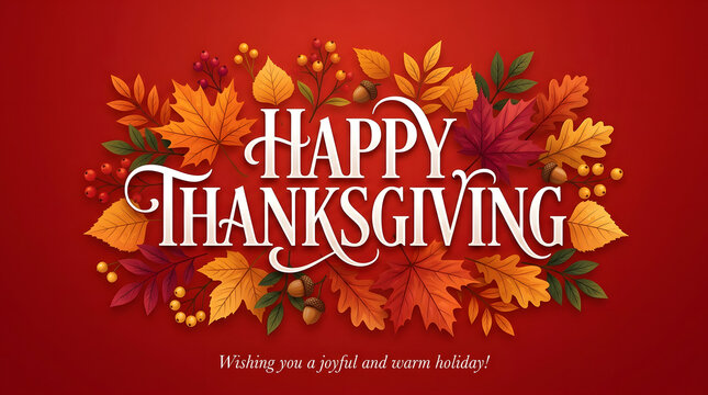Happy thanksgiving greeting card with autumn leaves and berries on red background