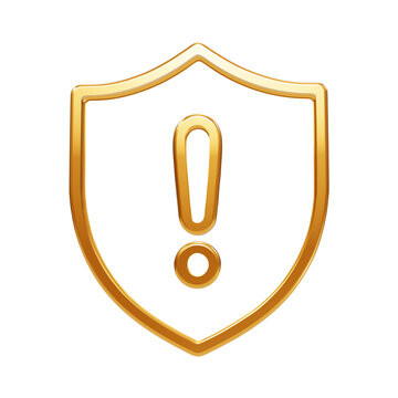 Metallic gold shield with exclamation mark symbol isolated on a solid black background, for security and, safety warning concepts