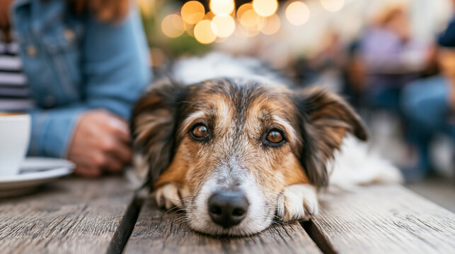 Close-up shot of a adorable dog resting its head on a wooden table at an outdoor cafe with its owner and warm bokeh lights in the background.