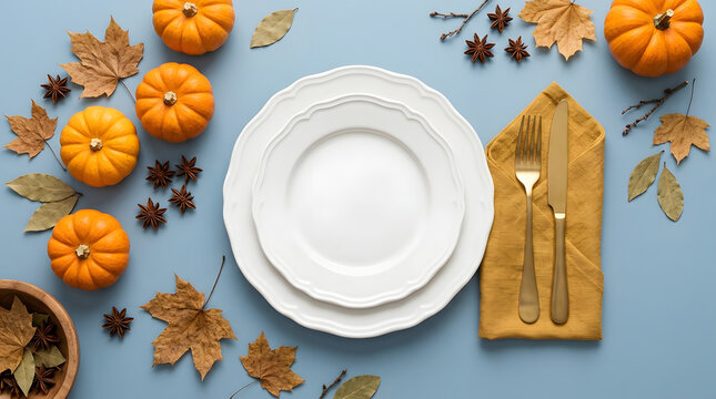 Autumn table setting with pumpkins, dried leaves, and spices on a blue background
