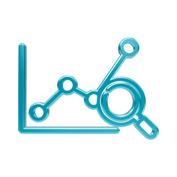 Shiny cyan line chart with magnifying glass for financial trend analysis, market research, and data growth tracking on black