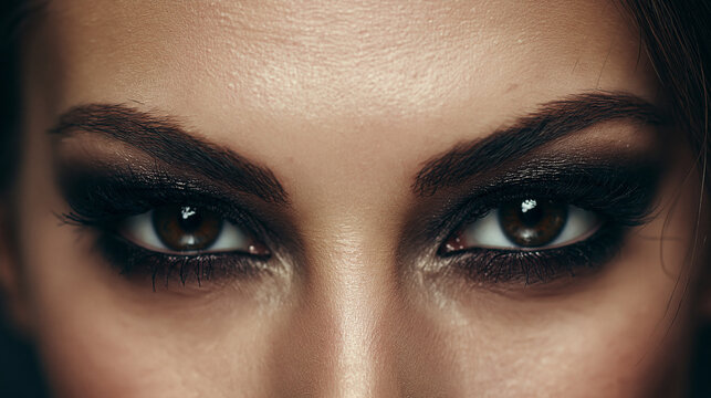 Extreme close-up portrait of a woman's brown eyes looking directly at the camera with dark smoky eyeshadow, eyeliner and shaped eyebrows.