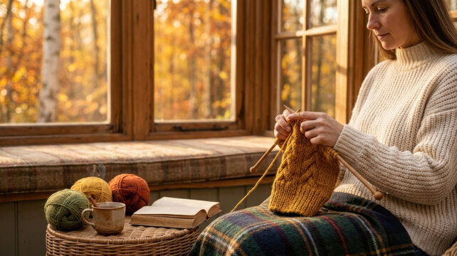 Woman Knitting Yellow Woolen Scarf by Cozy Window Nook in Autumn