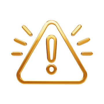 Shiny gold warning triangle with exclamation mark symbol and radiating lines isolated on a plain black background, for alert