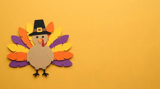 Paper craft turkey decoration with colorful feathers on a yellow background