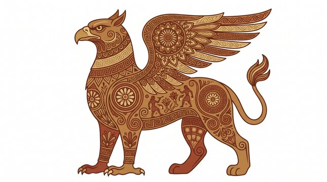 Ornate Ancient Greek Style Griffin Illustration Standing on Plain White Background