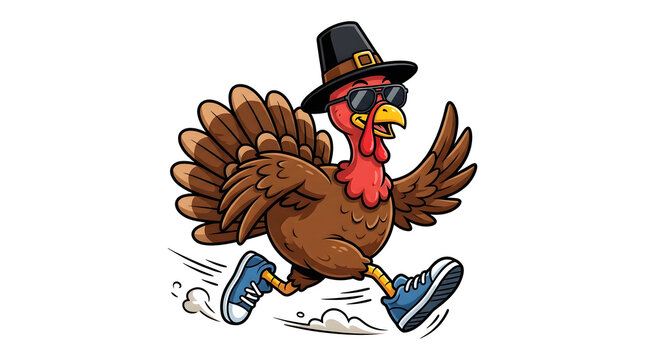 Cool cartoon turkey wearing a pilgrim hat and sunglasses running isolated on white background