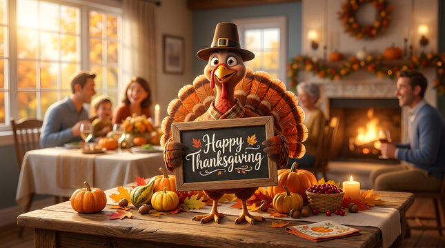 Cartoon turkey holding a happy thanksgiving sign on a festive table