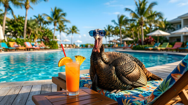 A funny turkey wearing sunglasses relaxing on a lounge chair by a tropical resort swimming pool