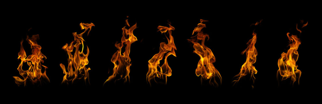 Collection of realistic fire flames and burning elements isolated on black background. Set of abstract flame shapes for cinematic special effects, design overlays, and dramatic composition.