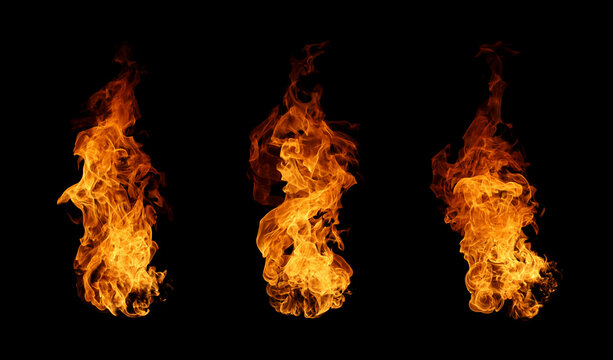 Collection of realistic fire flames and burning elements isolated on black background. Set of abstract flame shapes for cinematic special effects, design overlays, and dramatic composition.