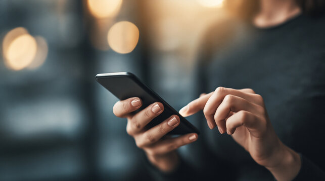 Close-up of a woman's hands holding and typing on a black smartphone with a blurred city lights background at evening.