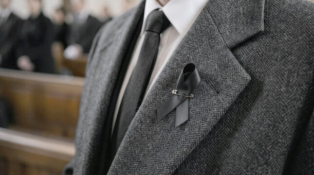 Black mourning ribbon pinned to the lapel of a gray suit jacket