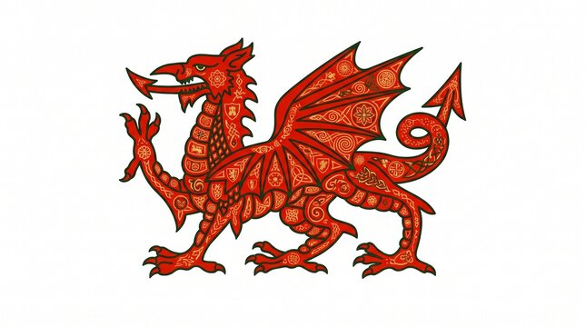 Ornate Red Welsh Dragon Illustration with Gold Celtic Patterns on White Background