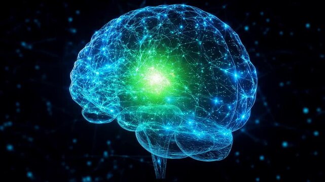 Glowing digital human brain with neural network connections and bright green light representing intelligence