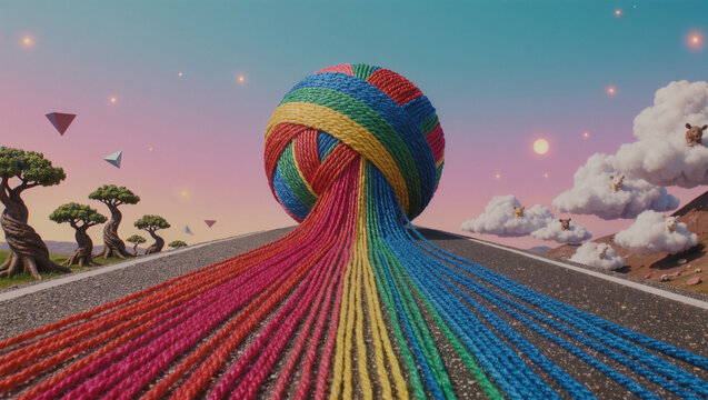 Ball of Yarn Unravelling Into a Road Surrealist Conceptual Art, Creative Digital Photography
