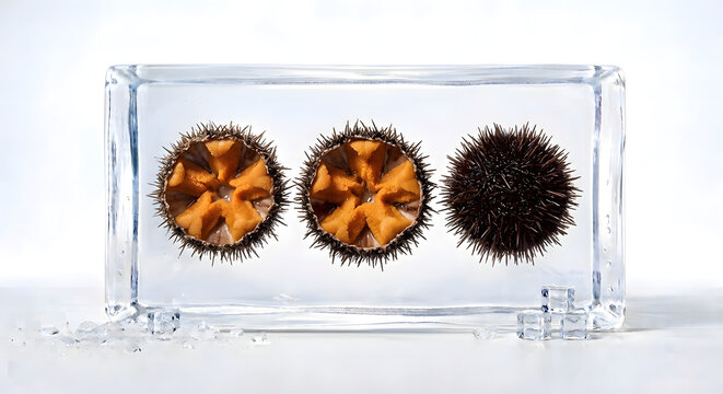Sea Urchins Displayed Inside a Transparent Ice Block on White Background