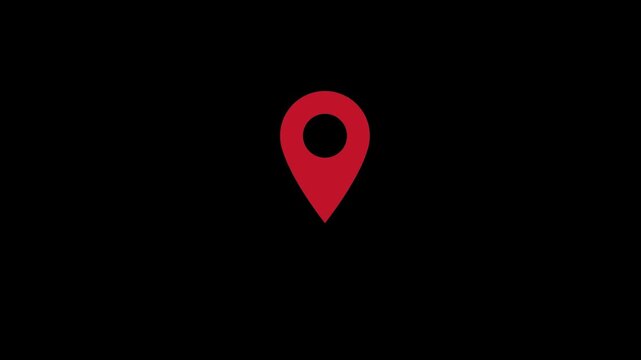 Glowing red location pin icon pulsates on black background for GPS navigation and mapping