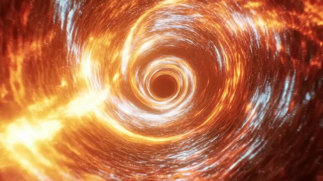Glowing orange and white vortex tunnel rotates and swirls inward in an abstract digital space. Flowing animated background for media, visual effects and abstract design.