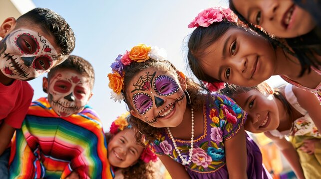 Portrait of children with sugar skull face paint during day of the dead celebration. Smiling Children in Colorful Sugar Skull Makeup Celebrating Day of the Dead
