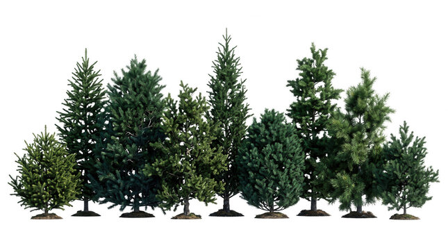 Un ensemble vari&eacute; de conif&egrave;res et d'arbres &agrave; feuilles persistantes isol&eacute;s sur un fond blanc pur, parfaits pour des projets d'am&eacute;nagement paysager, d'architecture ou de design graphique.